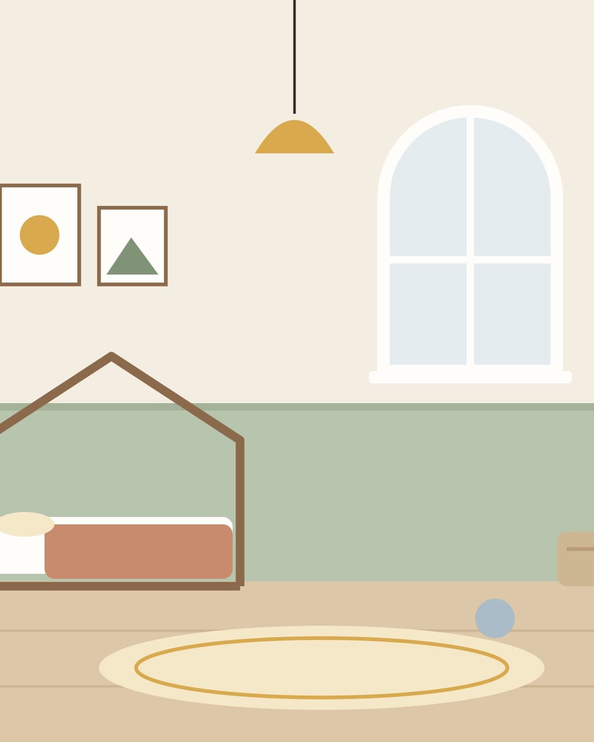 Habitación infantil con cama casita, ventana en arco y alfombra